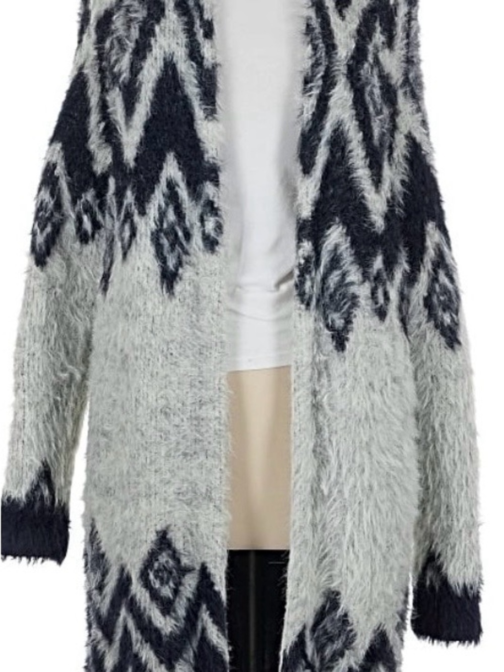 Cozy Open-Front Fuzzy Geometric Cardigan in Black & Light Gray